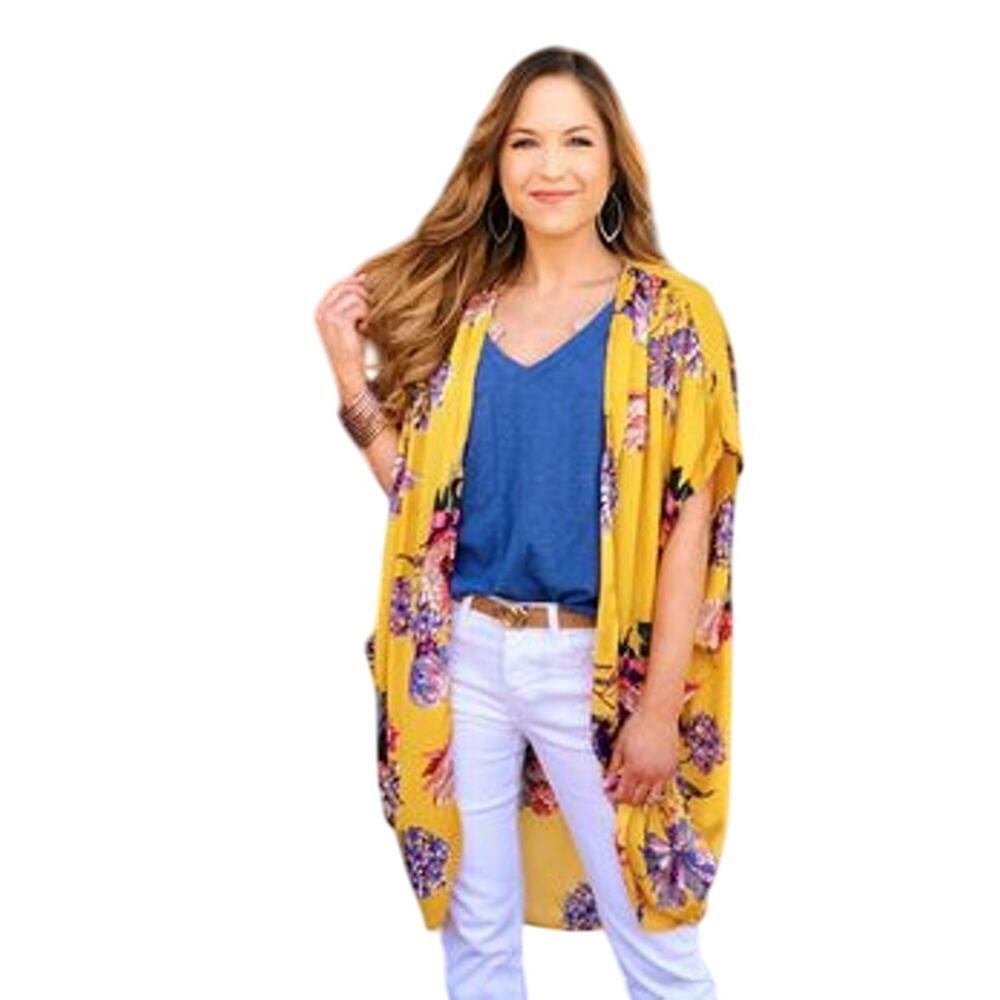 Umgee S / M spring bright yellow kimono floral boho midi chiffon layering top
